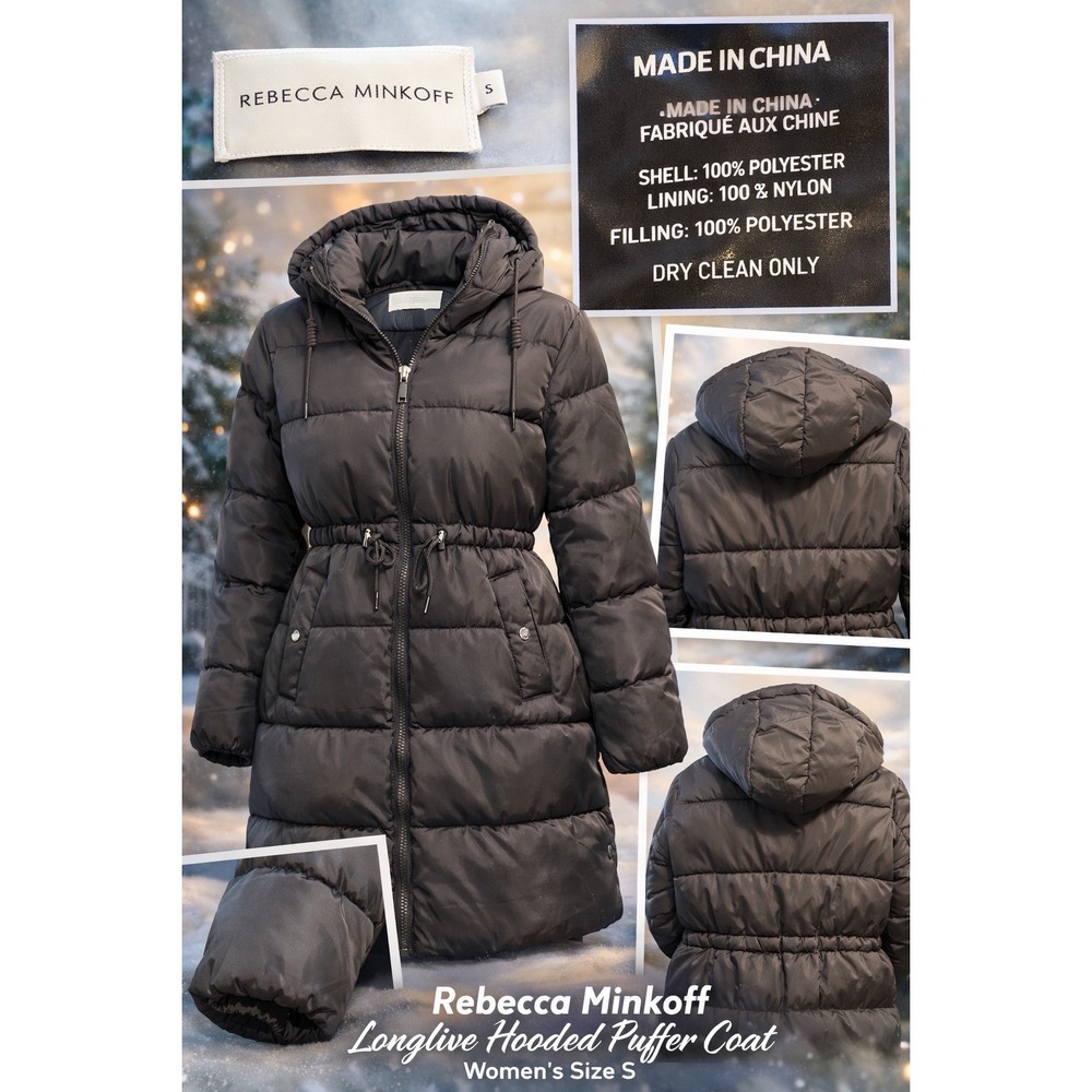 REBECCA MINKOFF Longline Hooded Puffer Coat Jacket Black Cinch Waist Women's S